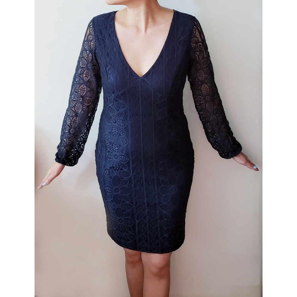 GUESS navy blue long sleeve lace cocktail dress
